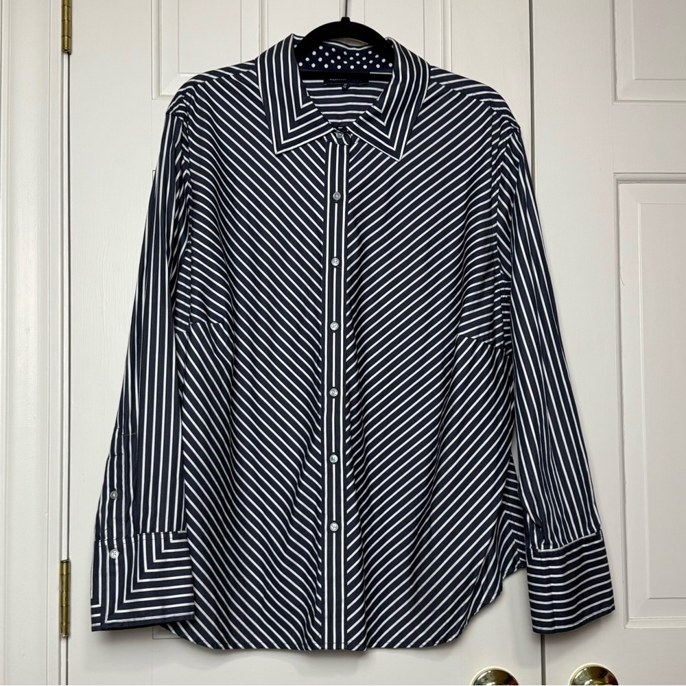 Jones New York Navy and White Long Sleeve Blouse 100% Cotton Size 3X